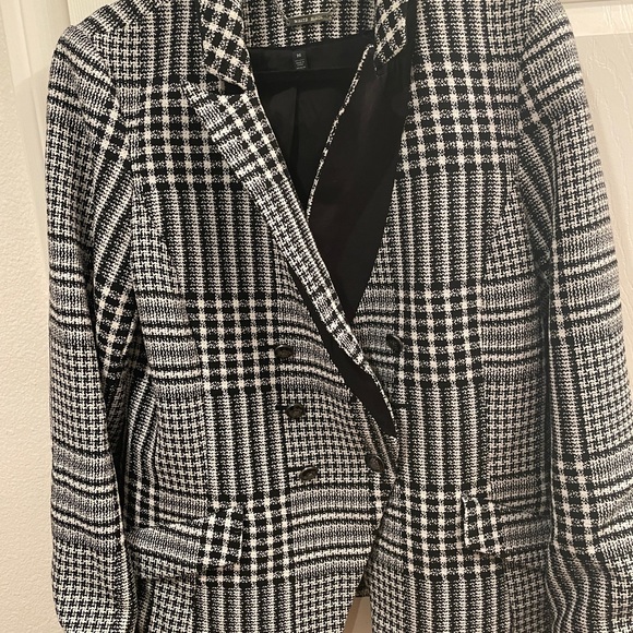 White Black WHBM Houndstooth -Breasted Plaid Blazer Sz.16 2 Outer Pockets - Picture 2 of 8